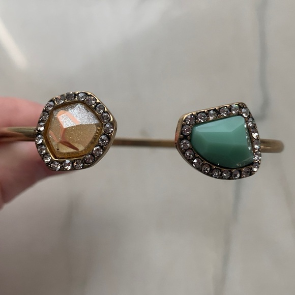 1968 Gold Tone Bangle with Green and Peach Stones - Picture 3 of 6